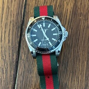 Gucci Silver Dive Watch with Green and Red Nylon Strap